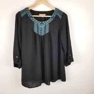 Skies are‎ Blue M black Blouse blue embroidery